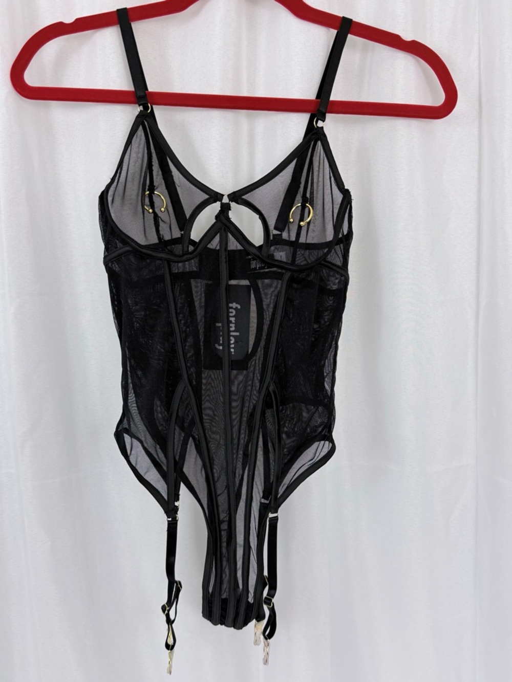 Forplay Black Sheer Strappy Garter Teddy Thong Bodysuit w/Nipple Rings Small NWT